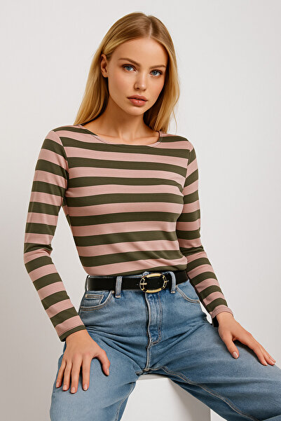 Rich Γυναικεία ριγέ βασική μπλούζα - Πράσινο ροζ - Καθημερινό άνετο και κομψό συνδυασμό - Νέα σεζόν τάση