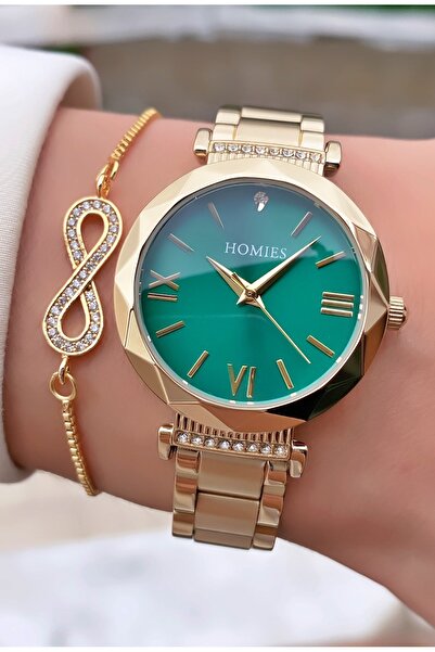 Homies ساعة يد نسائية – سوار من الفولاذ الذهبي مع قرص أخضر، مع هدية سوار إنفي...