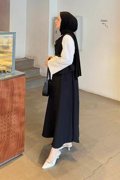 lamelif Φούστα-Γιλέκο με κουμπιά Μαύρο Μεταξωτό Σετ δύο τεμαχίων