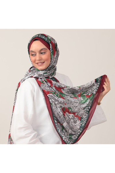 ipekistanbul شال من القطن والحرير - نقشة زهور - أحمر كلاريت