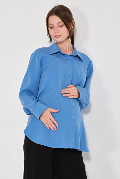 BUSA Maternity Front Buttoned Long Sleeve Shirt Blue