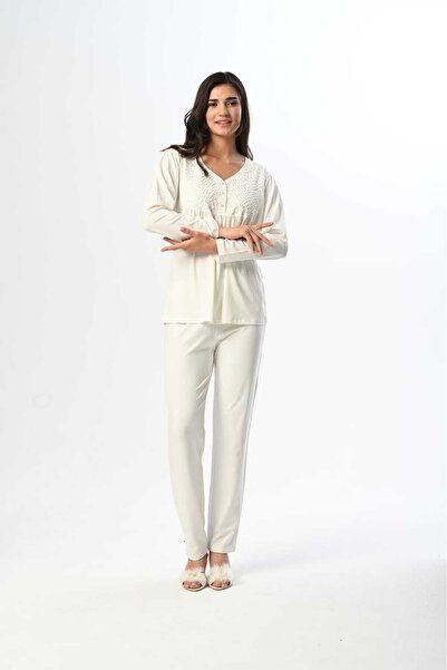 Lohussa Kadın Gri Jakarlı Dantelli Kışlık Özel Tasarım Hamile Lohusa Sabahlık Pijama Takımı Seti