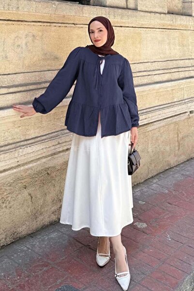 lamelif V-Neck Muslim Hijab Shirt with Elastic Sleeves, Navy Blue