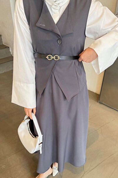 lamelif Buttoned Skirt-Vest Hijab Double Set Anthracite