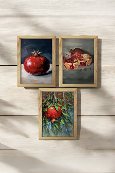 AND Ahşap Çerçeveli Nar Temalı Tablo Üçlü MDF Poster Tablo Duvar Dekoru (21x30 cm)