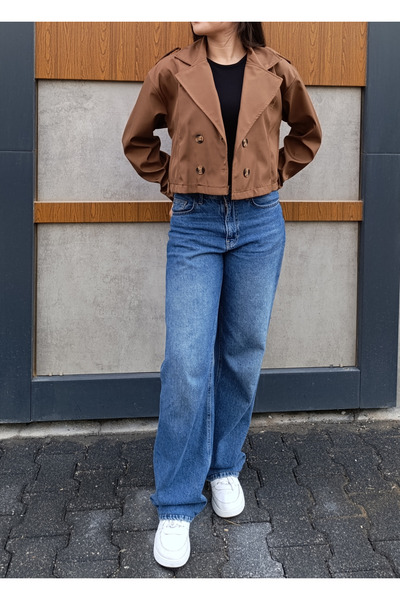siyalife Double-Breasted Collar Belted Buttoned Short Brown Trench Coat
