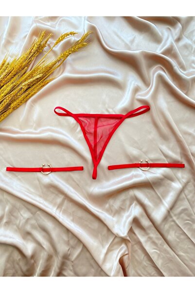 Maly Love Kadın Kırmızı Tül Tanga String ve Gold Halka Detaylı Bacak Aksesuarı