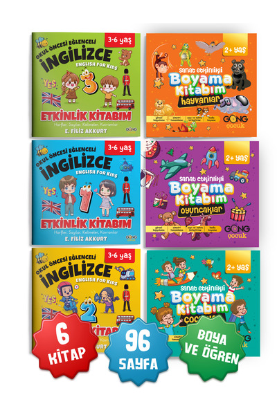 Gong 2li Set İngilizce Öğreten ve Sanat Etkinlikli Boyama 6'lı Çocuk Kitap Seti