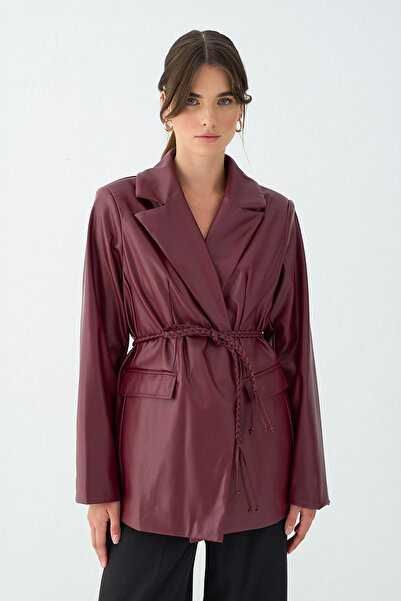 diesre جاكيت جلد محبوك بحزام 51007 - أحمر كلاريت