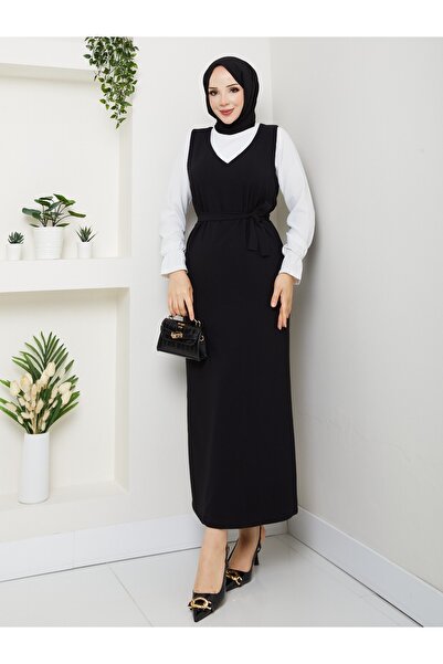 MODA V-Neck Hijab Unlined Belted Black Gilet
