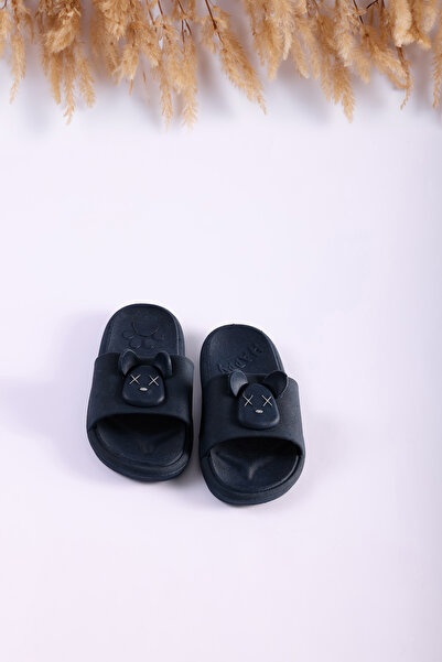 Modafadır Children's Navy Blue Slippers with Anti-Slip Soles and Animal Figur...