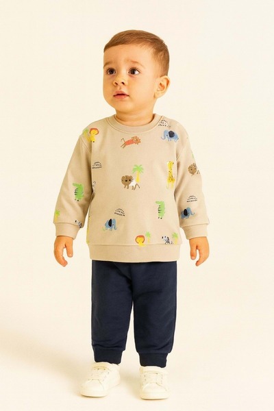 ww waka waka kids store Animal Printed Crew Neck Snap Closure Baby Boy Tracksuit Set with Elastic Legs