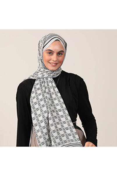 ipekistanbul Pamuk İpek Şal - Monogram Desen - Krem Siyah