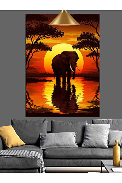 KanvasSepeti Elefant singuratic la apusul soarelui, pictură în ulei, texturat...