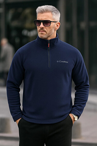 COMBİNE MİCHAİL Men's Half Zipper Navy Slim Fit Fleece Sweatshirt