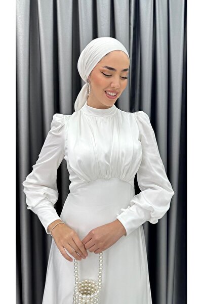 MERVE TESETTÜR Kuyruklu Göğüs Drapeli Uzun Kol İncili Saten Abiye