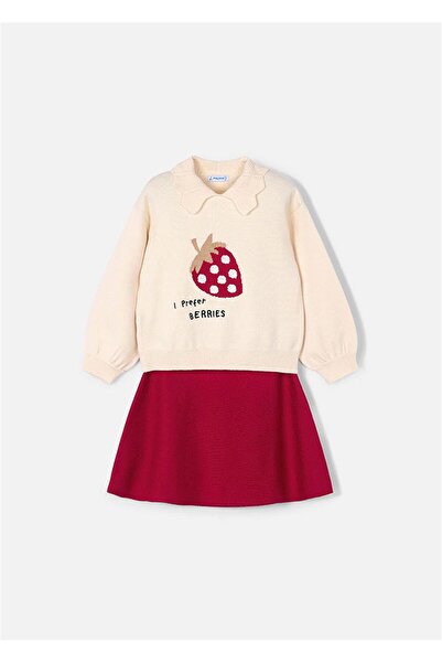MAYORAL Girl's Knitwear Skirt Blouse Set Strawberry Embroidered - Red 4932