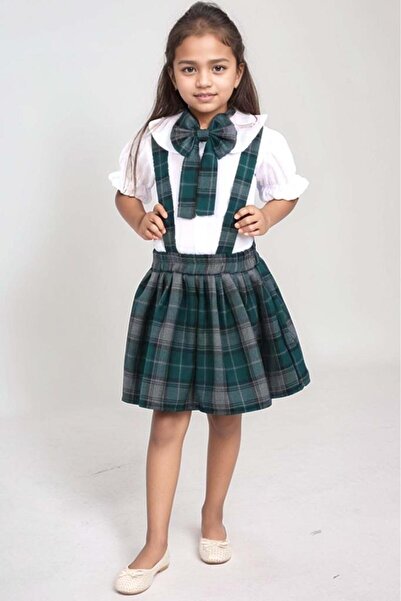 Riccotarz Girl's Green Salopet Suit with Ruffled Sleeves and Square Striped Skirt over Baby Collar Shirt