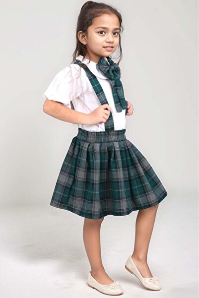 Riccotarz Girl's Green Salopet Suit with Ruffled Sleeves and Square Striped Skirt over Baby Collar Shirt