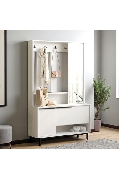 Robin Home Lidya Portmanto Vestiyer Ayakkabılık Aynalı Metal Ayaklı Beyaz