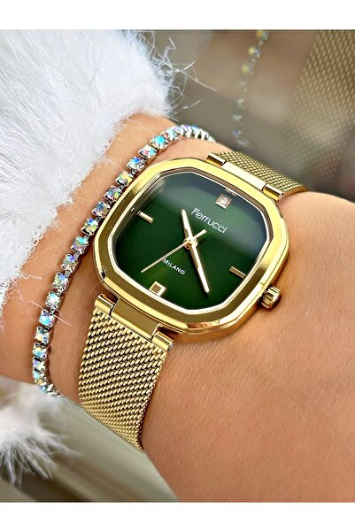 Ferrucci YEŞİL KADRANLI KARE GOLD KADIN HASIR KOL SAATİ