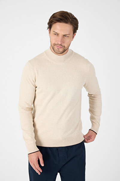 hateko Beige 100% Cotton Men's Half Turtleneck Knitwear Sweater