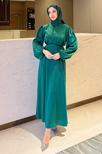 Tesettür Diyarı Satin Dress with Balloon Sleeve and Waist Tie Detail