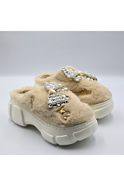 Seastar Papuci de damă călduroși și pufoși, cu fundițe decorative și talpă confortabilă