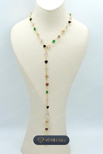 Çelik Renkli Taş Detaylı Altın Renk Y Kolye