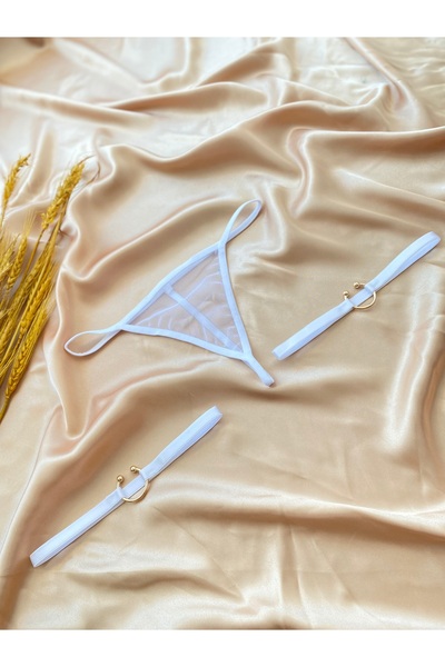Maly Love Kadın Beyaz Tül Tanga String ve Gold Halka Detaylı Bacak Aksesuarı
