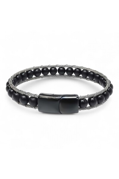 Generic Brand Onyx Natural Stone and Steel Rope Knitted Bracelet