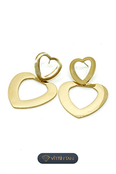 Çelik Kalp Figürlü Altın Renk Küpe