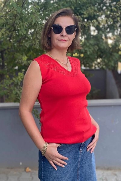 Mia Butik Women's Lina Red Mercerized Sleeveless Blouse