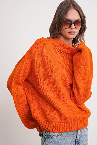 Mixray 6700 Γυναικείο πλεκτό πουλόβερ με όρθιο γιακά μπαλόνι Πορτοκαλί
