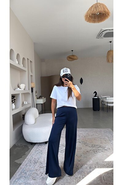 Buket Teke Lacivert Dökümlü Tok Saten Pantolon