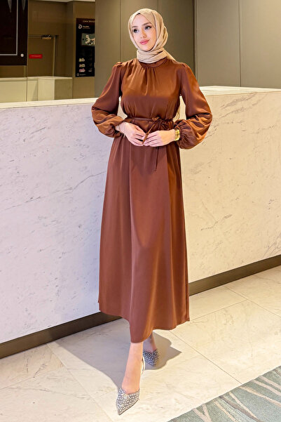 Tesettür Diyarı Satin Dress with Balloon Sleeve and Waist Tie Detail - Brown
