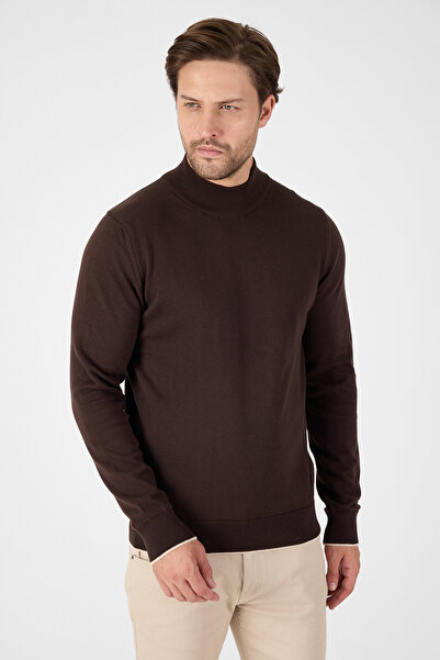 hateko Кафяв мъжки пуловер от 100% памук с половин цип и рибарска яка