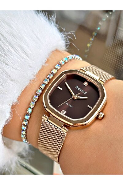 Ferrucci KAHVERENGİ KADRANLI KARE ROSE KADIN HASIR KOL SAATİ