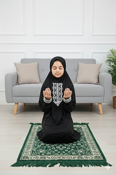 Defkay Kendinden başörtülü dantelli kız çocuk namaz elbisesi