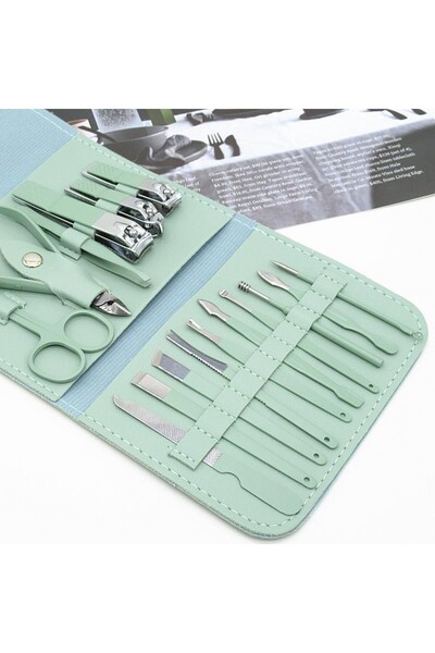 Flippy 16-piece Cosmetic Care Set for Manicure, Pedicure & Face with Faux Leather Organizer Bag, Gre