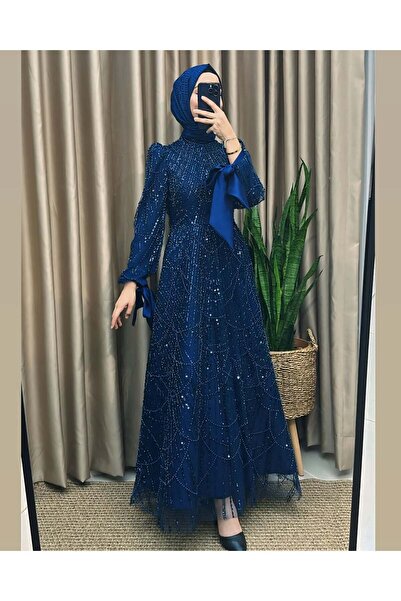 MERVE TESETTÜR İnci Ve Pul İşemeli Kol Saten Bağlamalı Abiye