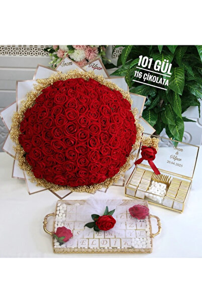 Dizayn İsteme,Söz,Nişan 101 Gül Buketi ve Çikolata Tepsi Set