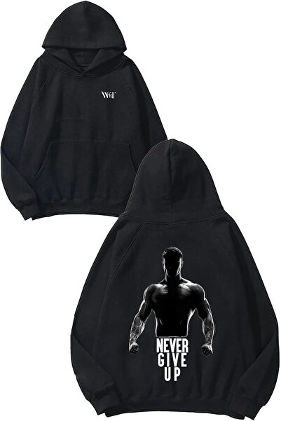 THEWERT Hanorac negru cu glugă Gym Never Give Up 5 Design cu imprimeu pe spate