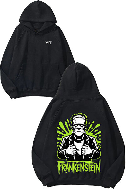 THEWERT Frankenstein Design Back Printed Black Hooded Sweatshirt
