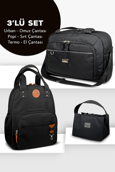 Stylo Set of 3 Mother Baby Care Backpack & Urban Mother Baby Shoulder Bag & Thermos Bag - Black