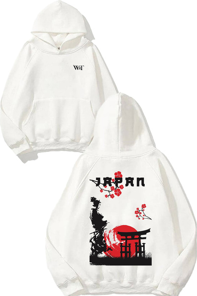 THEWERT Japanese 4 Design Back Printed White Hooded Sweatshirt