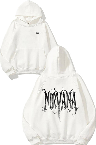 THEWERT سويت شيرت أبيض بقلنسوة مطبوع عليه تصميم نيرفانا 1 على الظهر