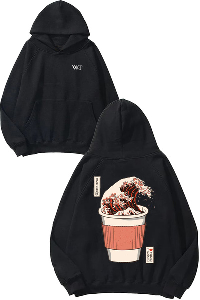 THEWERT The Great Wave 2 Design Back Printed Black Hooded Sweatshirt