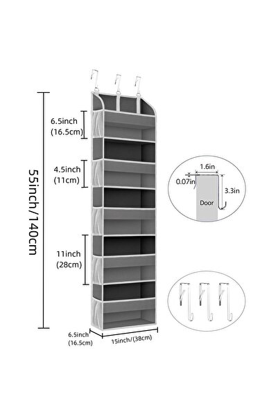 Flippy Hanging Door Organizer, Nylon & Mesh, 5+10 Pockets, 140x39x17 cm, Gray
