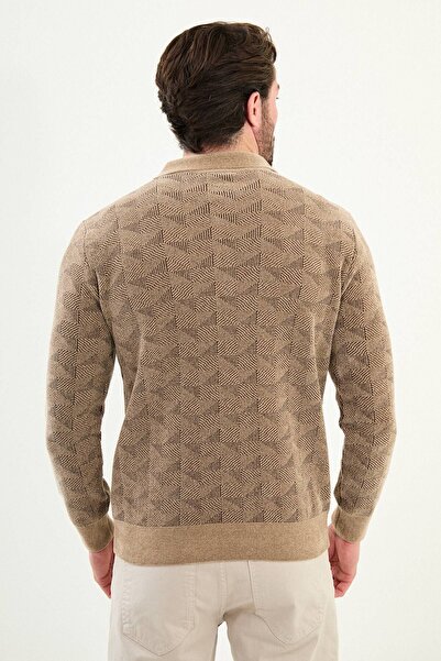 Mcr Patterned Slim Fit Zippered Polo Neck Chenille Fabric Men's Knitwear Sweater Beige - 11555.25K